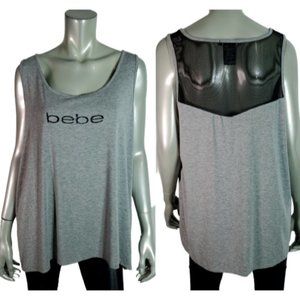 Bebe Top‎ Plus Size1X Mesh Back Stretch Scoop Neck Sleeveless Pullover Gray Tank